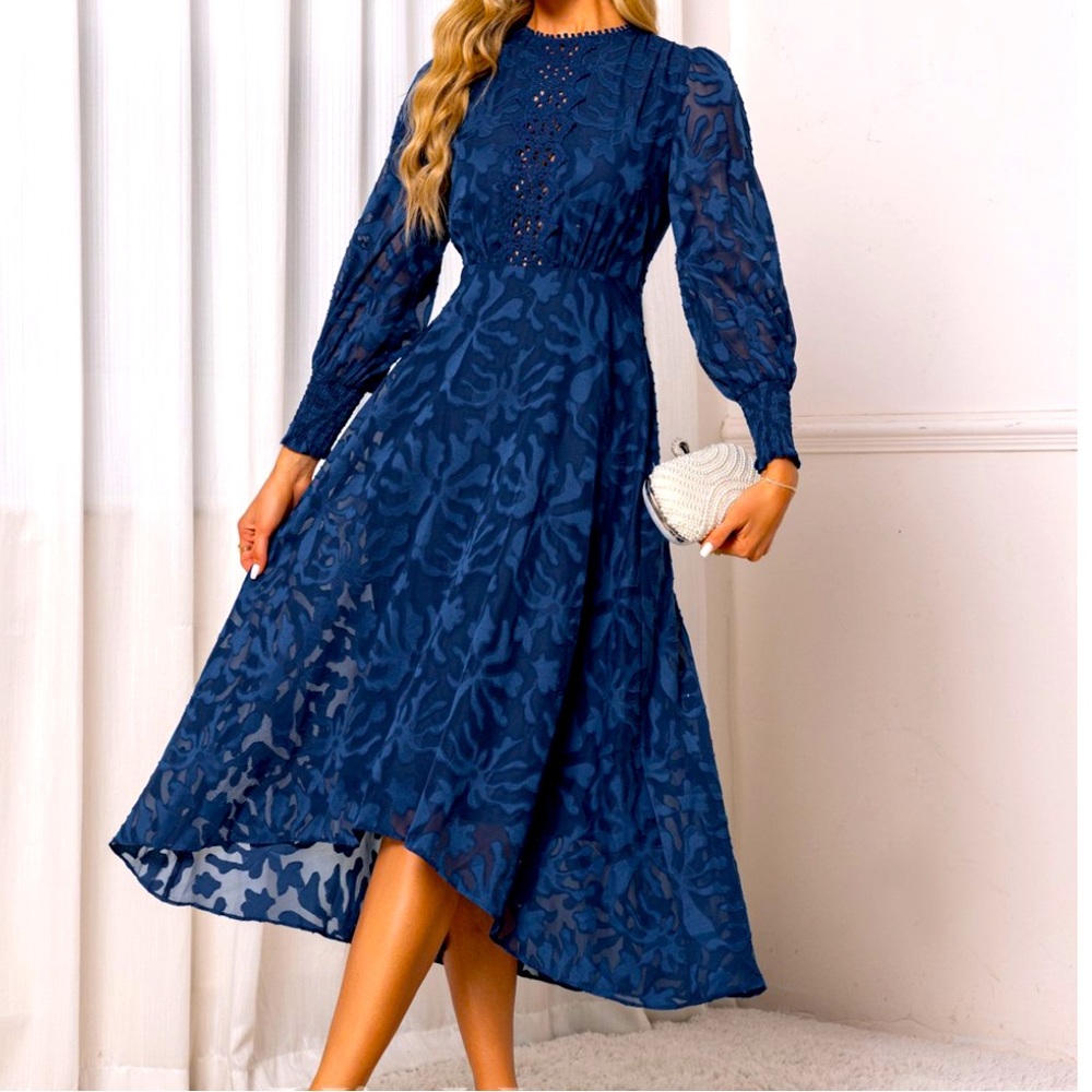 Asymmetrical Long Sleeve Lace Chiffon Navy Dress
